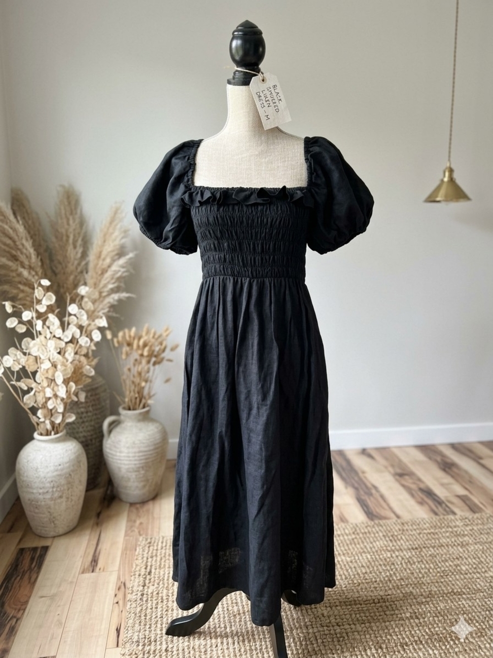 New Look Black Smocked Midi Dress with Puff Sleeves and Square Neck